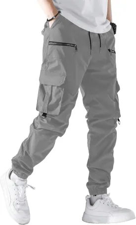 PLEPAN Men's Casual Cargo Pants Elastic Waist Drawstring Joggers Pants Tapered Sweatpants for Men Multi Pockets