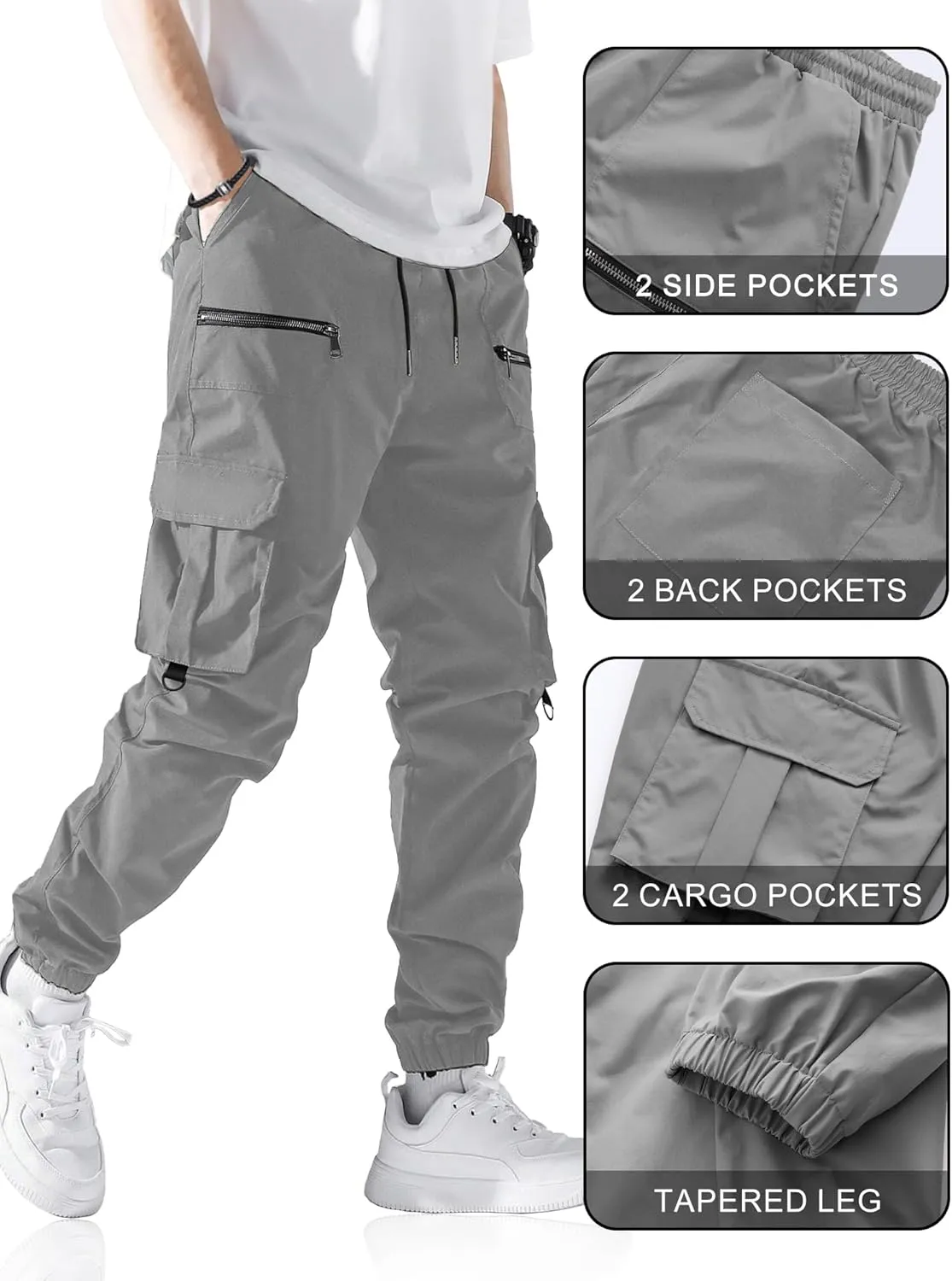 PLEPAN Men's Casual Cargo Pants Elastic Waist Drawstring Joggers Pants Tapered Sweatpants for Men Multi Pockets