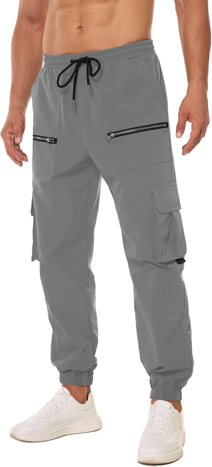 PLEPAN Men's Casual Cargo Pants Elastic Waist Drawstring Joggers Pants Tapered Sweatpants for Men Multi Pockets