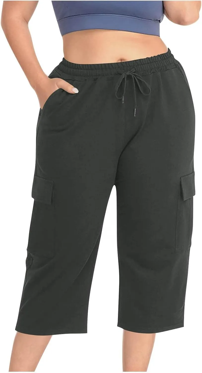 Plus Size Capri Pants for Women Stretch Cropped Cargo Pants Drawstring Elastic Waist Wide Leg Loose Comfy Joggers