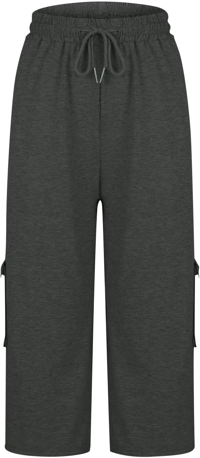 Plus Size Capri Pants for Women Stretch Cropped Cargo Pants Drawstring Elastic Waist Wide Leg Loose Comfy Joggers