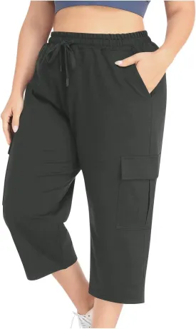 Plus Size Capri Pants for Women Stretch Cropped Cargo Pants Drawstring Elastic Waist Wide Leg Loose Comfy Joggers