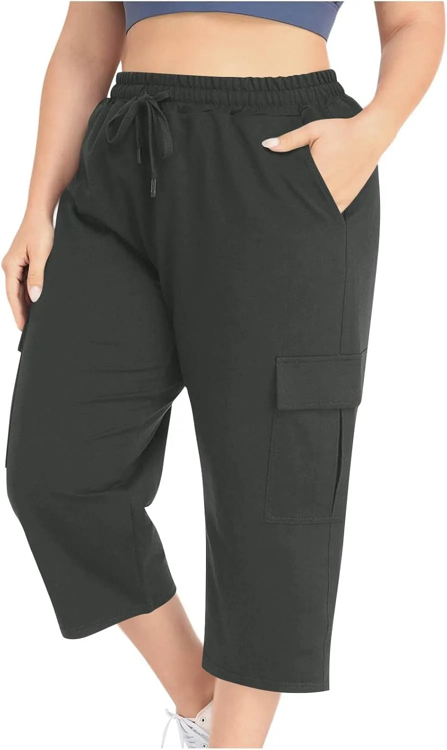 Plus Size Capri Pants for Women Stretch Cropped Cargo Pants Drawstring Elastic Waist Wide Leg Loose Comfy Joggers