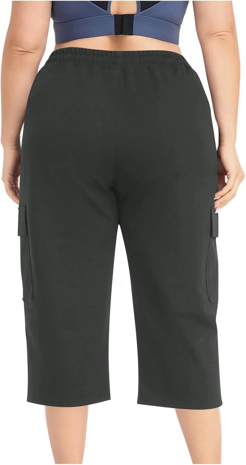 Plus Size Capri Pants for Women Stretch Cropped Cargo Pants Drawstring Elastic Waist Wide Leg Loose Comfy Joggers