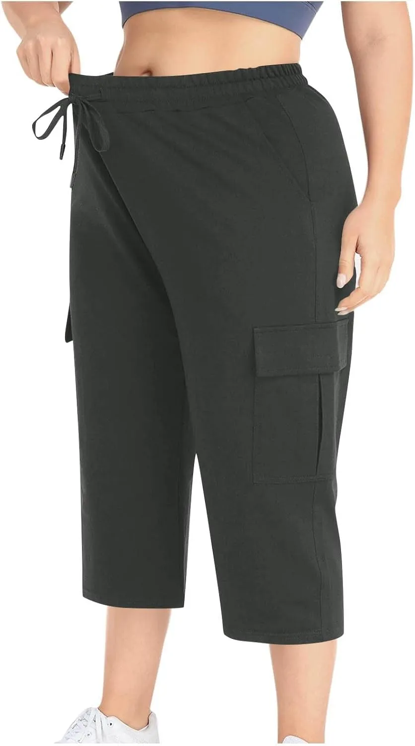 Plus Size Capri Pants for Women Stretch Cropped Cargo Pants Drawstring Elastic Waist Wide Leg Loose Comfy Joggers