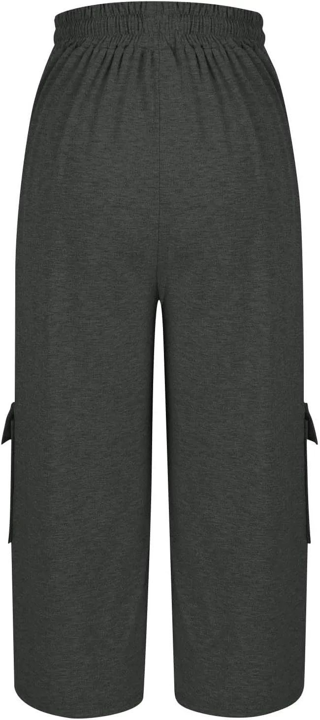 Plus Size Capri Pants for Women Stretch Cropped Cargo Pants Drawstring Elastic Waist Wide Leg Loose Comfy Joggers