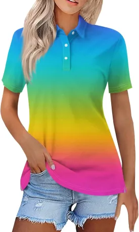 Polo Shirts for Women Short Sleeve Button Down Collared Blouses Casual Print Business Work Summer Tops