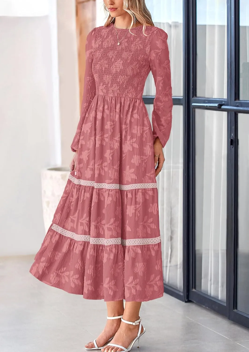 PRETTYGARDEN Women's Spring Midi Dress Fall Elegant Long Sleeve Smocked Flowy Boho Floral Wedding Guest Party Dresses