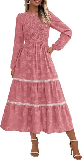 PRETTYGARDEN Women's Spring Midi Dress Fall Elegant Long Sleeve Smocked Flowy Boho Floral Wedding Guest Party Dresses
