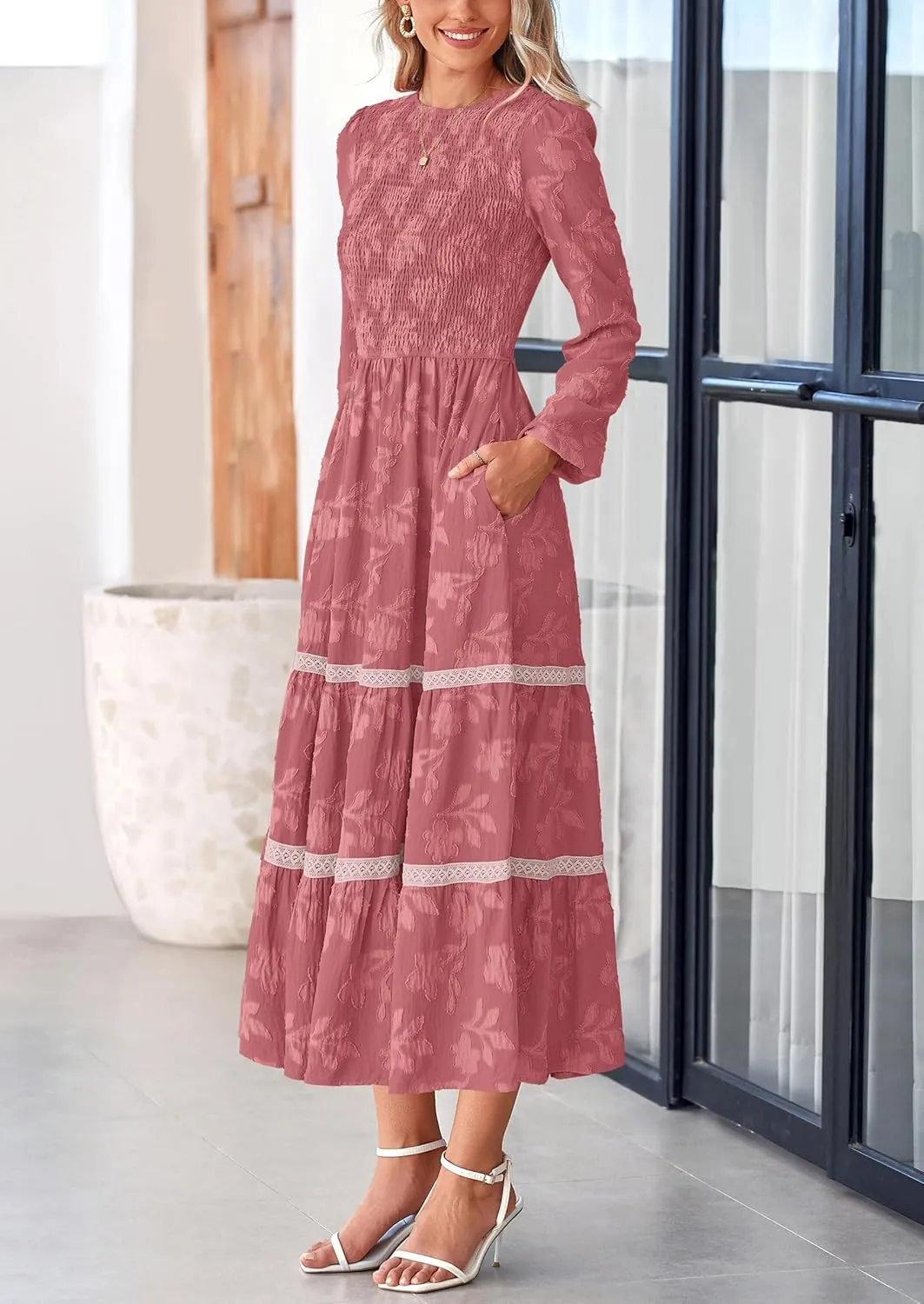 PRETTYGARDEN Women's Spring Midi Dress Fall Elegant Long Sleeve Smocked Flowy Boho Floral Wedding Guest Party Dresses