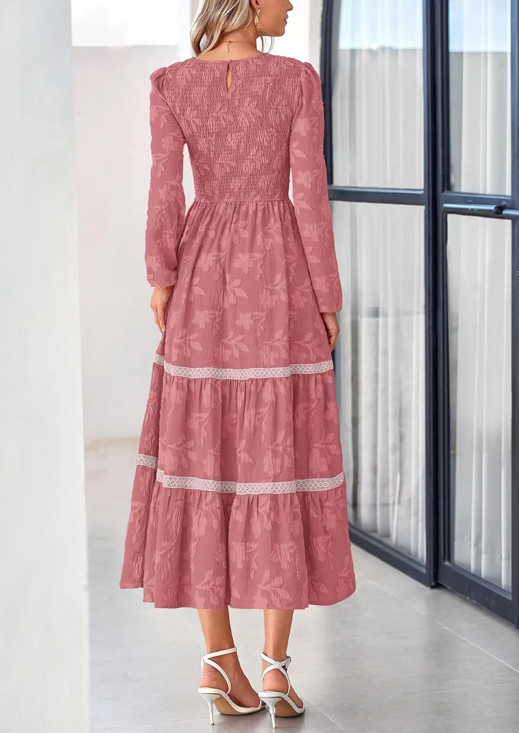 PRETTYGARDEN Women's Spring Midi Dress Fall Elegant Long Sleeve Smocked Flowy Boho Floral Wedding Guest Party Dresses