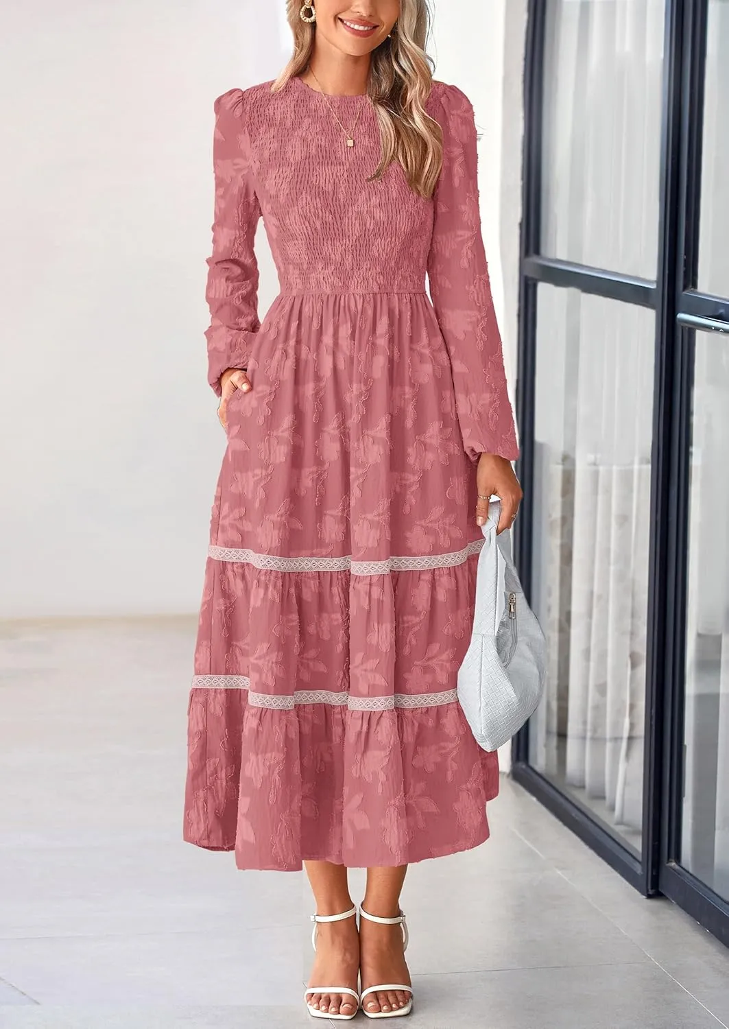 PRETTYGARDEN Women's Spring Midi Dress Fall Elegant Long Sleeve Smocked Flowy Boho Floral Wedding Guest Party Dresses