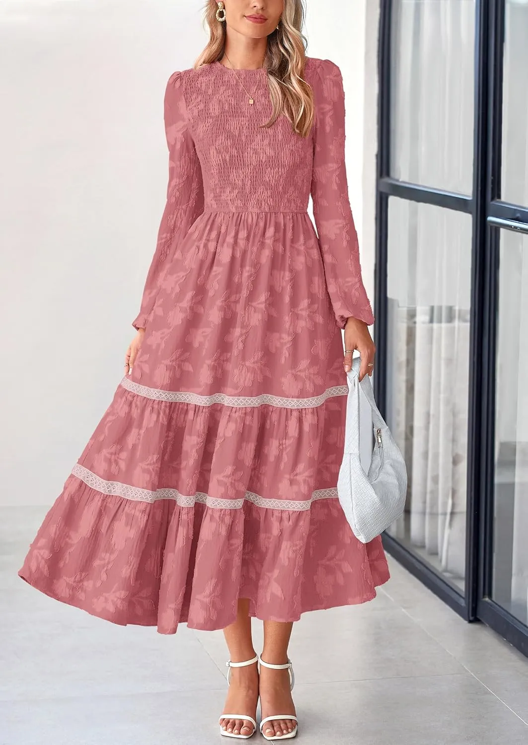 PRETTYGARDEN Women's Spring Midi Dress Fall Elegant Long Sleeve Smocked Flowy Boho Floral Wedding Guest Party Dresses
