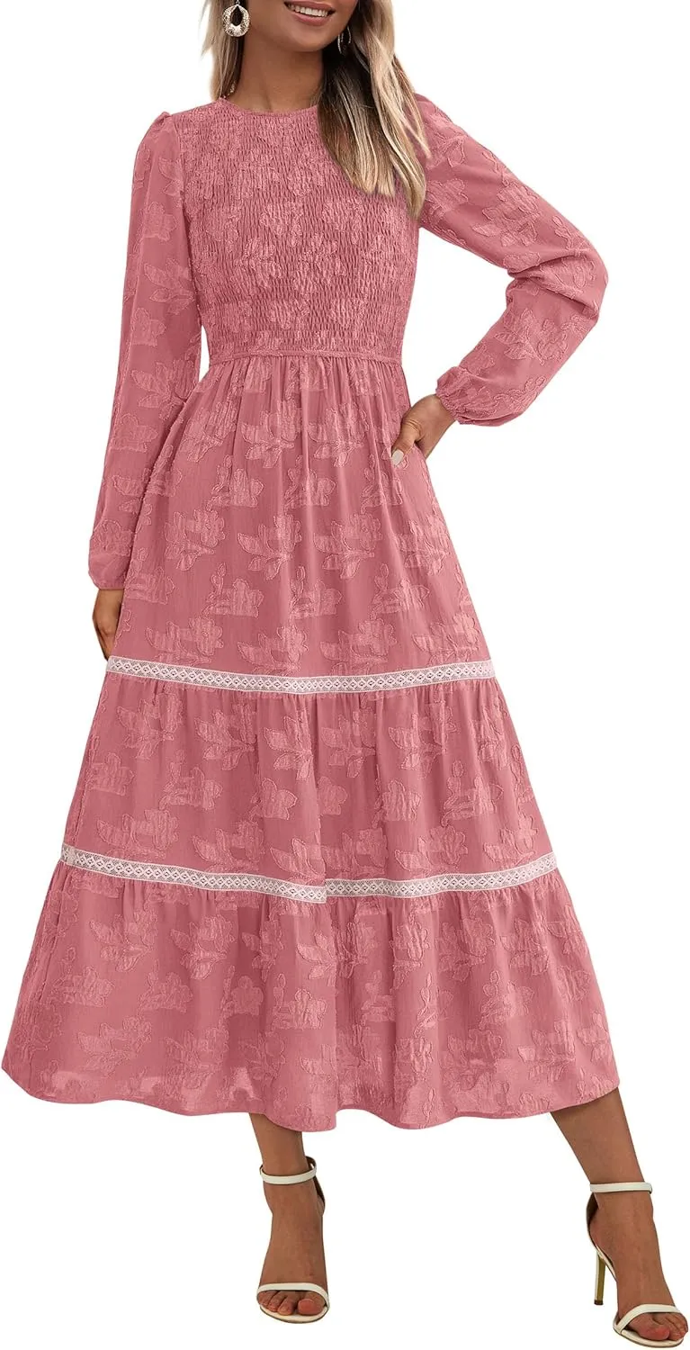 PRETTYGARDEN Women's Spring Midi Dress Fall Elegant Long Sleeve Smocked Flowy Boho Floral Wedding Guest Party Dresses