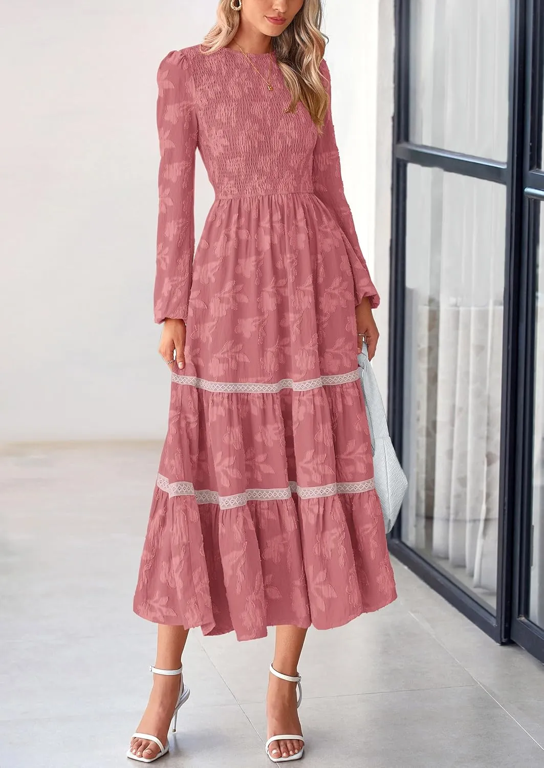 PRETTYGARDEN Women's Spring Midi Dress Fall Elegant Long Sleeve Smocked Flowy Boho Floral Wedding Guest Party Dresses