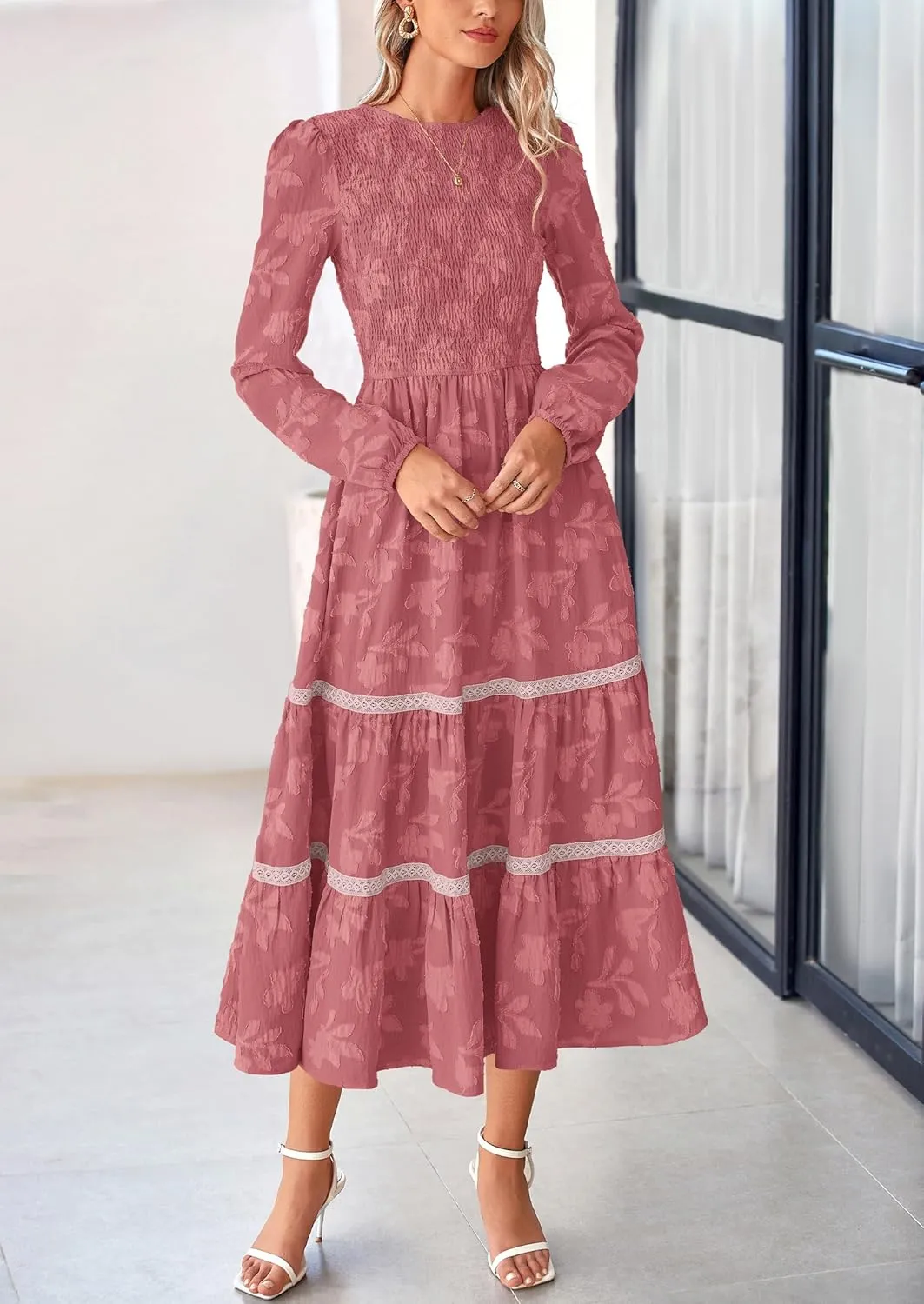 PRETTYGARDEN Women's Spring Midi Dress Fall Elegant Long Sleeve Smocked Flowy Boho Floral Wedding Guest Party Dresses