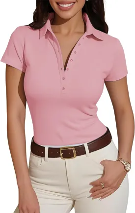 Prettywear Womens Short Sleeve V Neck Polo Shirts Dressy Casual Work Collared Button Summer Slim Fit Tops