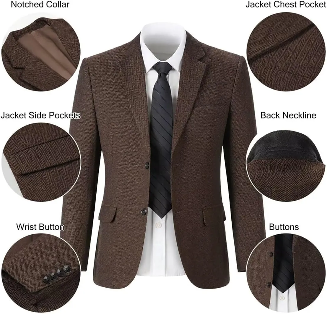 Retro Herringbone Mens Suit Jackets Tweed Slim Fit Sport Coats Prom Business Blazer Casual Men Tux Jacket Wedding Blazers