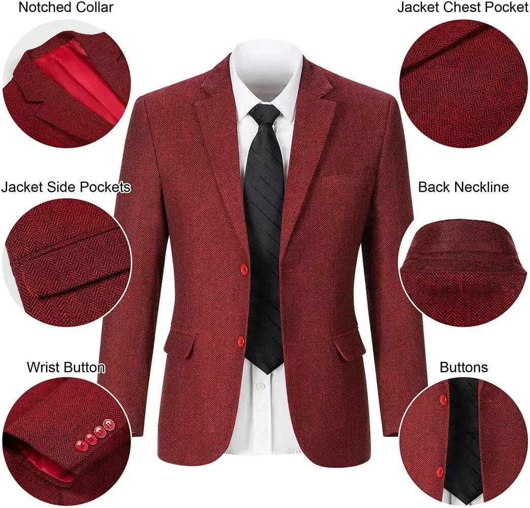 Retro Herringbone Mens Suit Jackets Tweed Slim Fit Sport Coats Prom Business Blazer Casual Men Tux Jacket Wedding Blazers