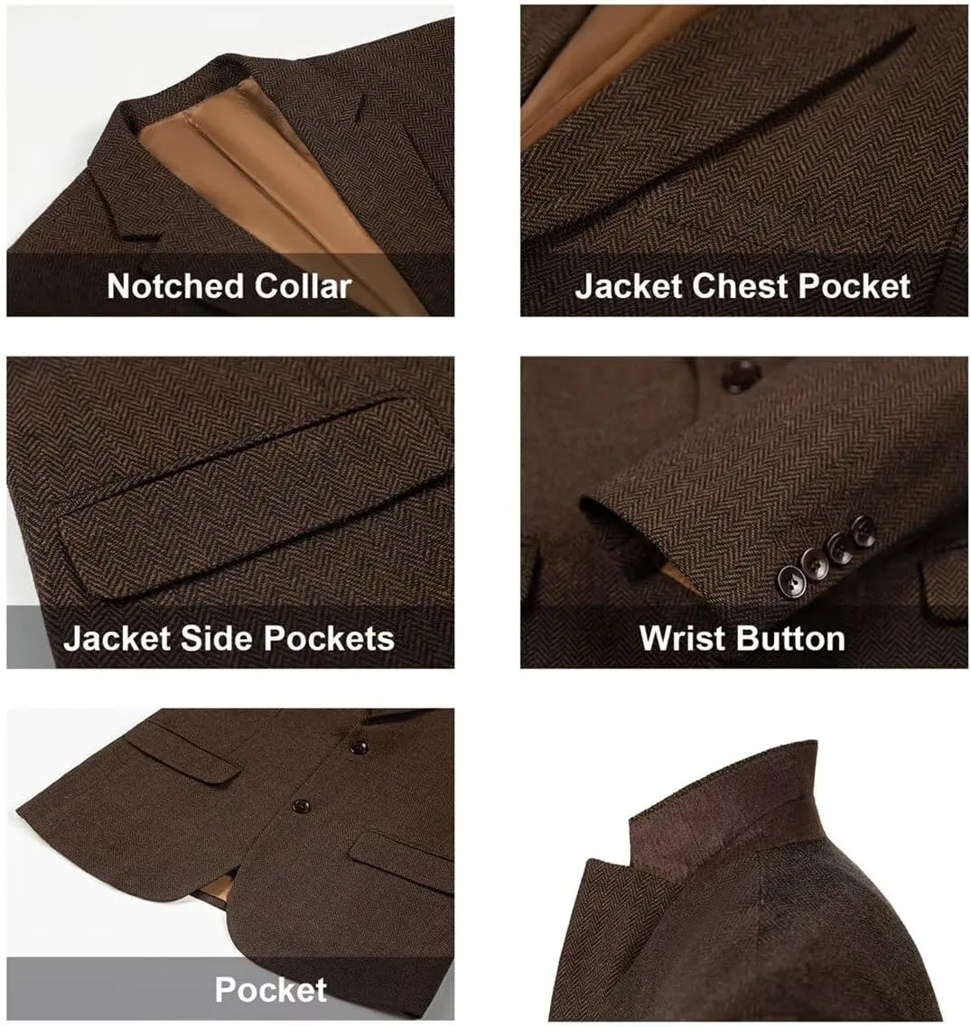 Retro Herringbone Mens Suit Jackets Tweed Slim Fit Sport Coats Prom Business Blazer Casual Men Tux Jacket Wedding Blazers