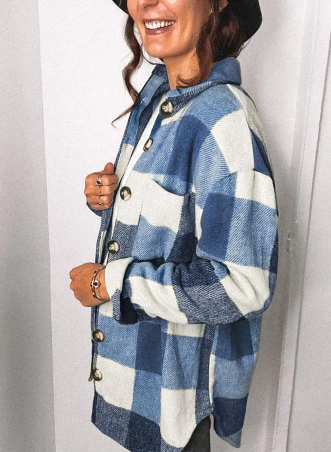 SHEWIN Womens Long Sleeve Plaid Shirts Flannel Lapel Button Down Shacket Jacket Coats