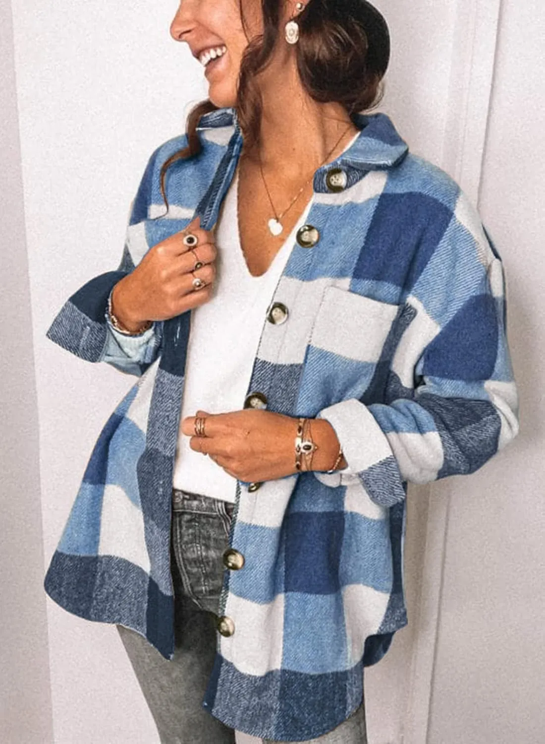 SHEWIN Womens Long Sleeve Plaid Shirts Flannel Lapel Button Down Shacket Jacket Coats