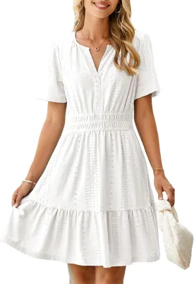 Simplee Womens 2025 Summer Mini Dress Eyelet Short Sleeve Cocktail Short Dresses Cute A Line Sun Dress with Pockets