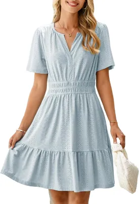 Simplee Womens 2025 Summer Mini Dress Eyelet Short Sleeve Cocktail Short Dresses Cute A Line Sun Dress with Pockets
