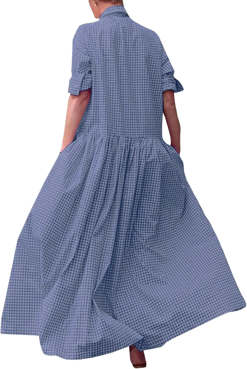 SOMTHRON Women's Retro Plaid Button Down Maxi Shirt Dress Roll Up Long Sleeve Gingham Pleated Swing Long Dress