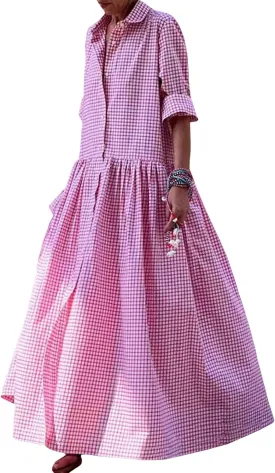 SOMTHRON Women's Retro Plaid Button Down Maxi Shirt Dress Roll Up Long Sleeve Gingham Pleated Swing Long Dress