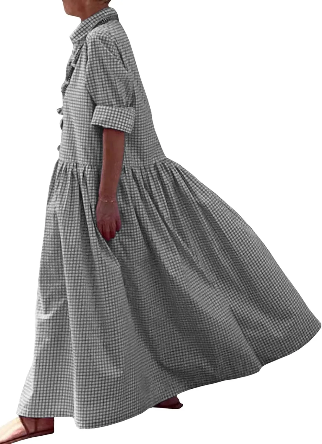 SOMTHRON Women's Retro Plaid Button Down Maxi Shirt Dress Roll Up Long Sleeve Gingham Pleated Swing Long Dress