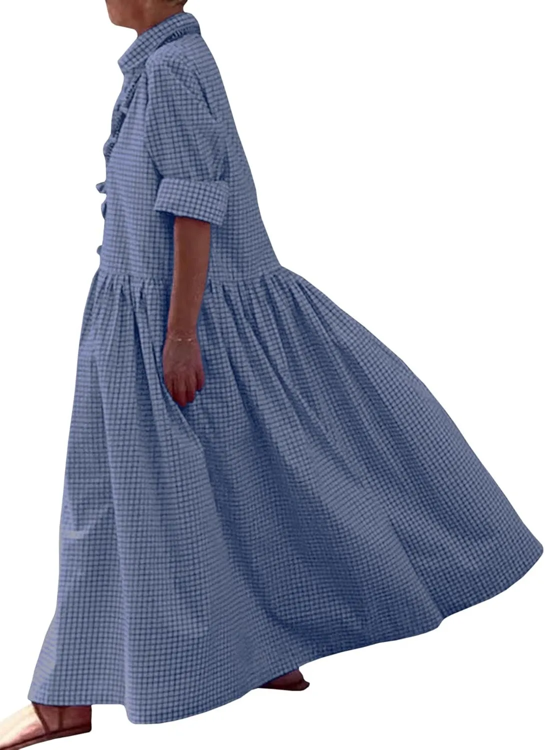 SOMTHRON Women's Retro Plaid Button Down Maxi Shirt Dress Roll Up Long Sleeve Gingham Pleated Swing Long Dress