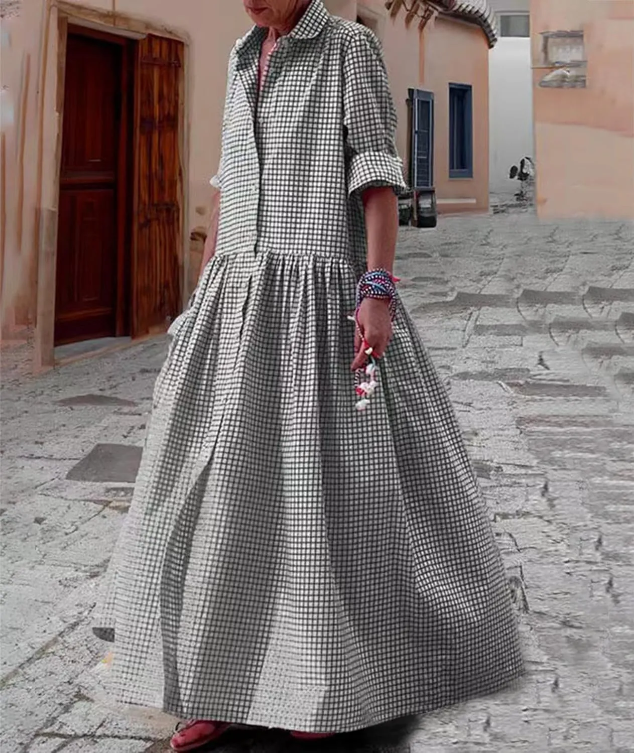 SOMTHRON Women's Retro Plaid Button Down Maxi Shirt Dress Roll Up Long Sleeve Gingham Pleated Swing Long Dress