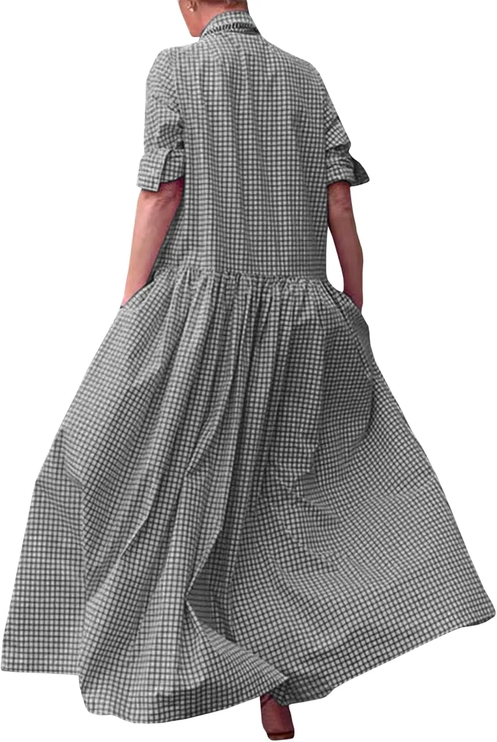 SOMTHRON Women's Retro Plaid Button Down Maxi Shirt Dress Roll Up Long Sleeve Gingham Pleated Swing Long Dress
