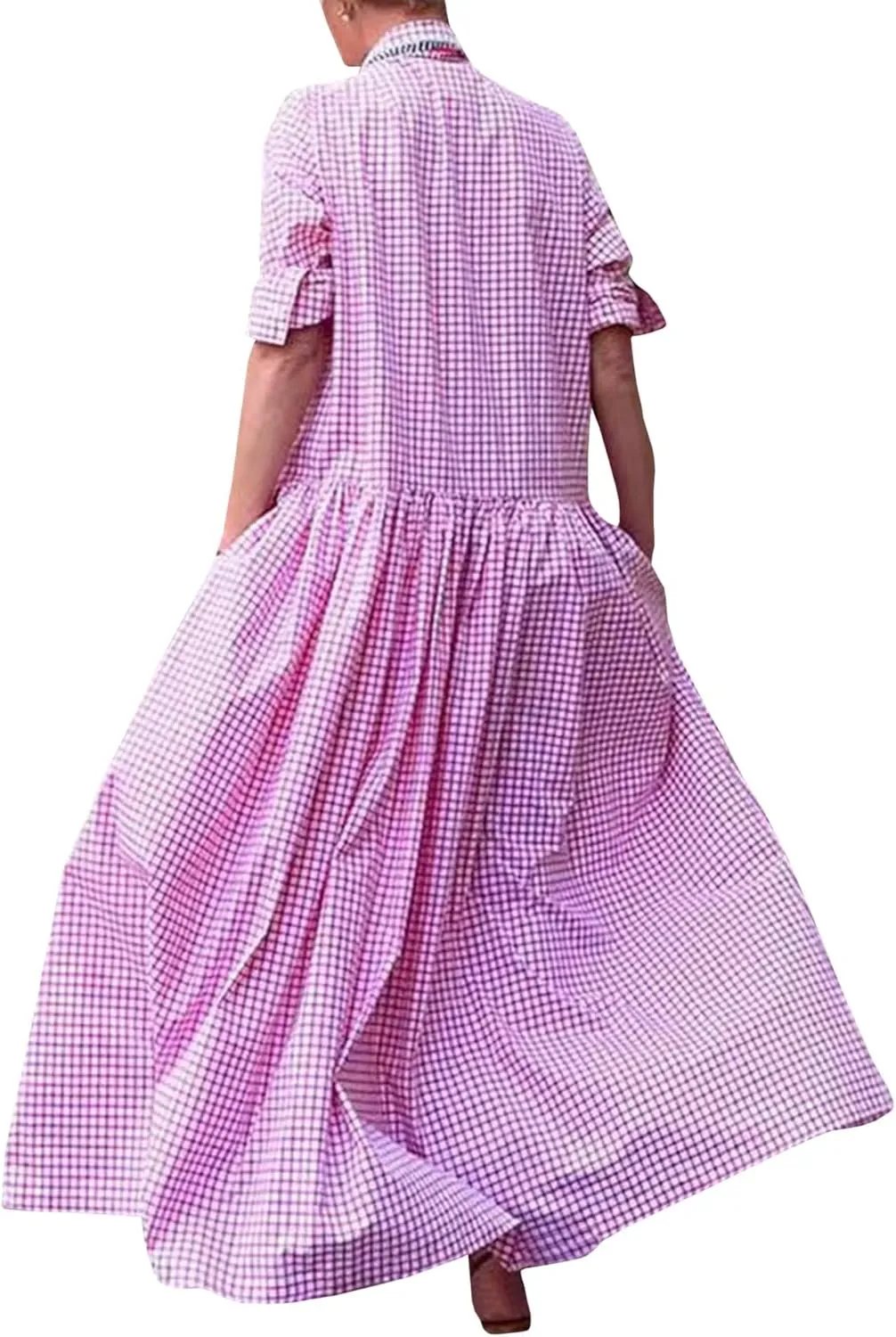 SOMTHRON Women's Retro Plaid Button Down Maxi Shirt Dress Roll Up Long Sleeve Gingham Pleated Swing Long Dress