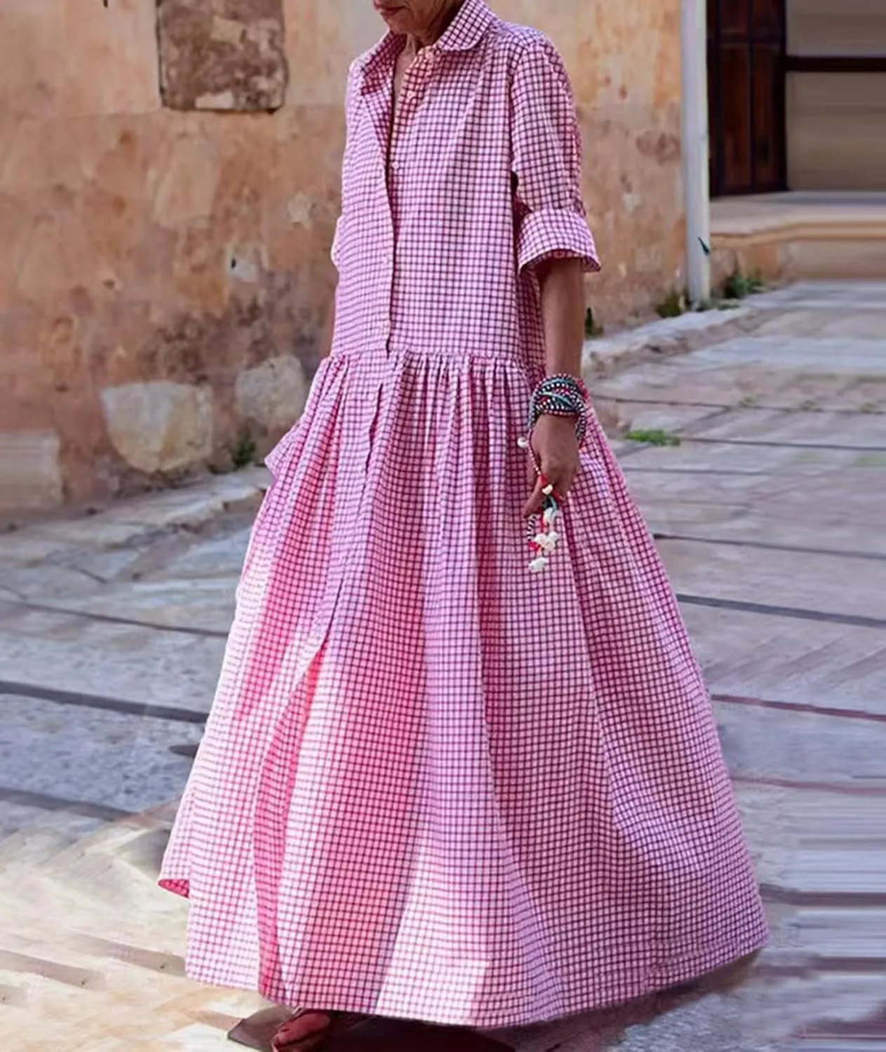 SOMTHRON Women's Retro Plaid Button Down Maxi Shirt Dress Roll Up Long Sleeve Gingham Pleated Swing Long Dress