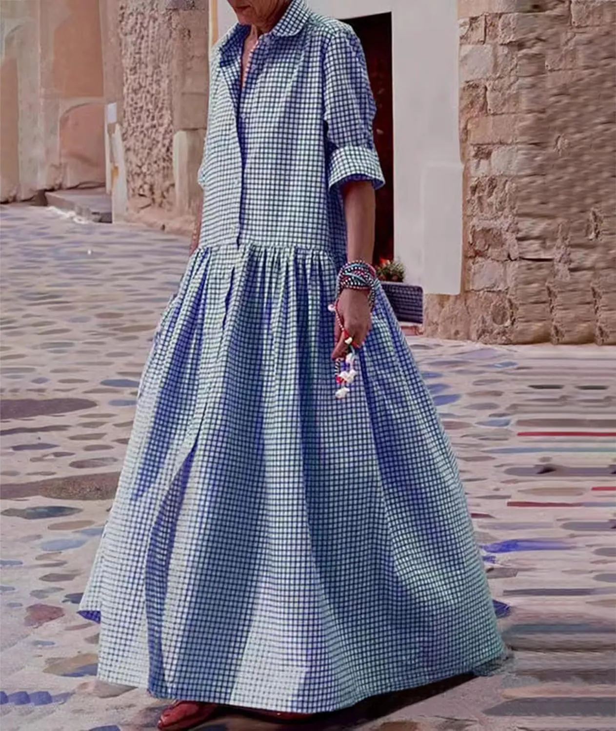 SOMTHRON Women's Retro Plaid Button Down Maxi Shirt Dress Roll Up Long Sleeve Gingham Pleated Swing Long Dress