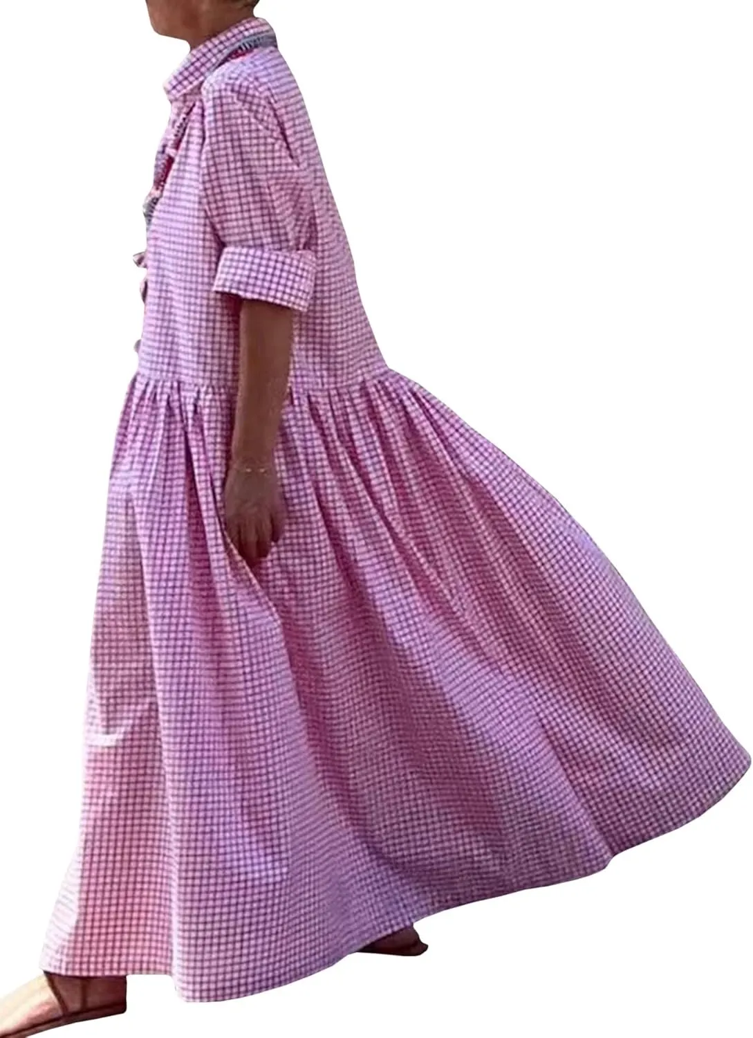 SOMTHRON Women's Retro Plaid Button Down Maxi Shirt Dress Roll Up Long Sleeve Gingham Pleated Swing Long Dress