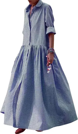 SOMTHRON Women's Retro Plaid Button Down Maxi Shirt Dress Roll Up Long Sleeve Gingham Pleated Swing Long Dress