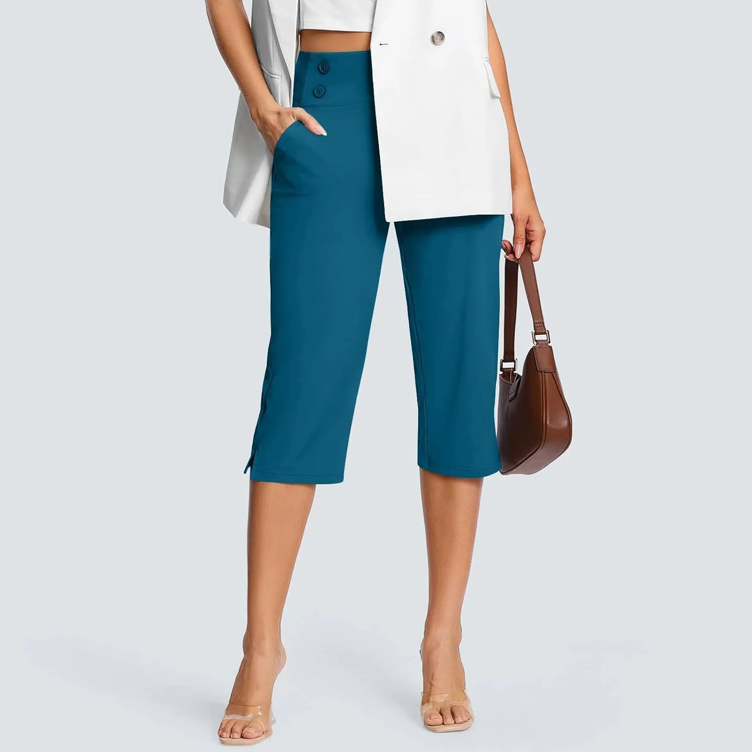 Stretchy Capri Leggings for Women with Pockets Dressy Yoga Pants Wide Leg High Waisted Casual Lounge Summer Outfits