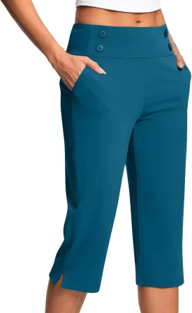 Stretchy Capri Leggings for Women with Pockets Dressy Yoga Pants Wide Leg High Waisted Casual Lounge Summer Outfits