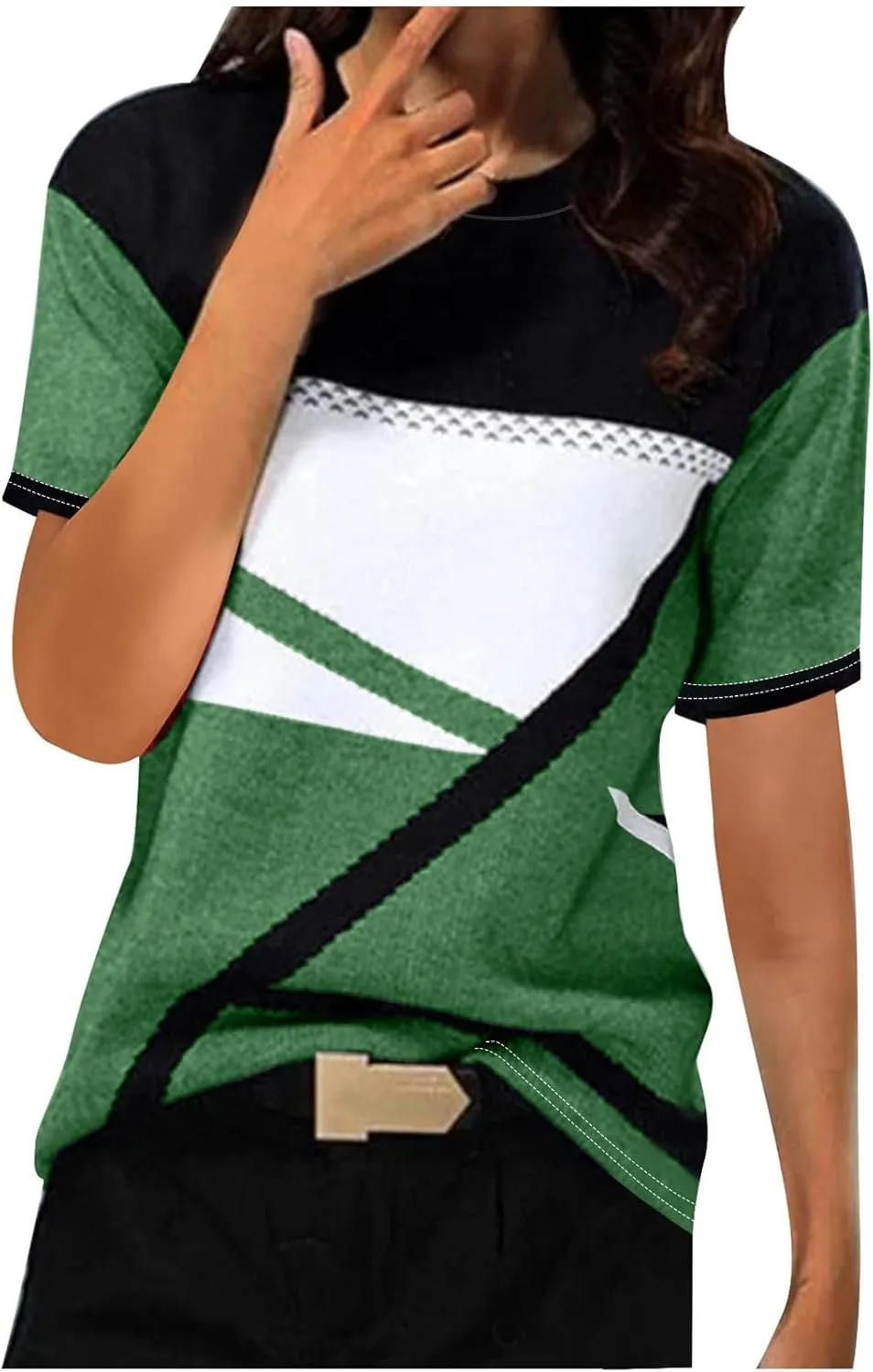 Summer New Geometric Pattern T Shirts for Women Casual Tops Crewneck Short Sleeve Tees Color Block Loose Blouses