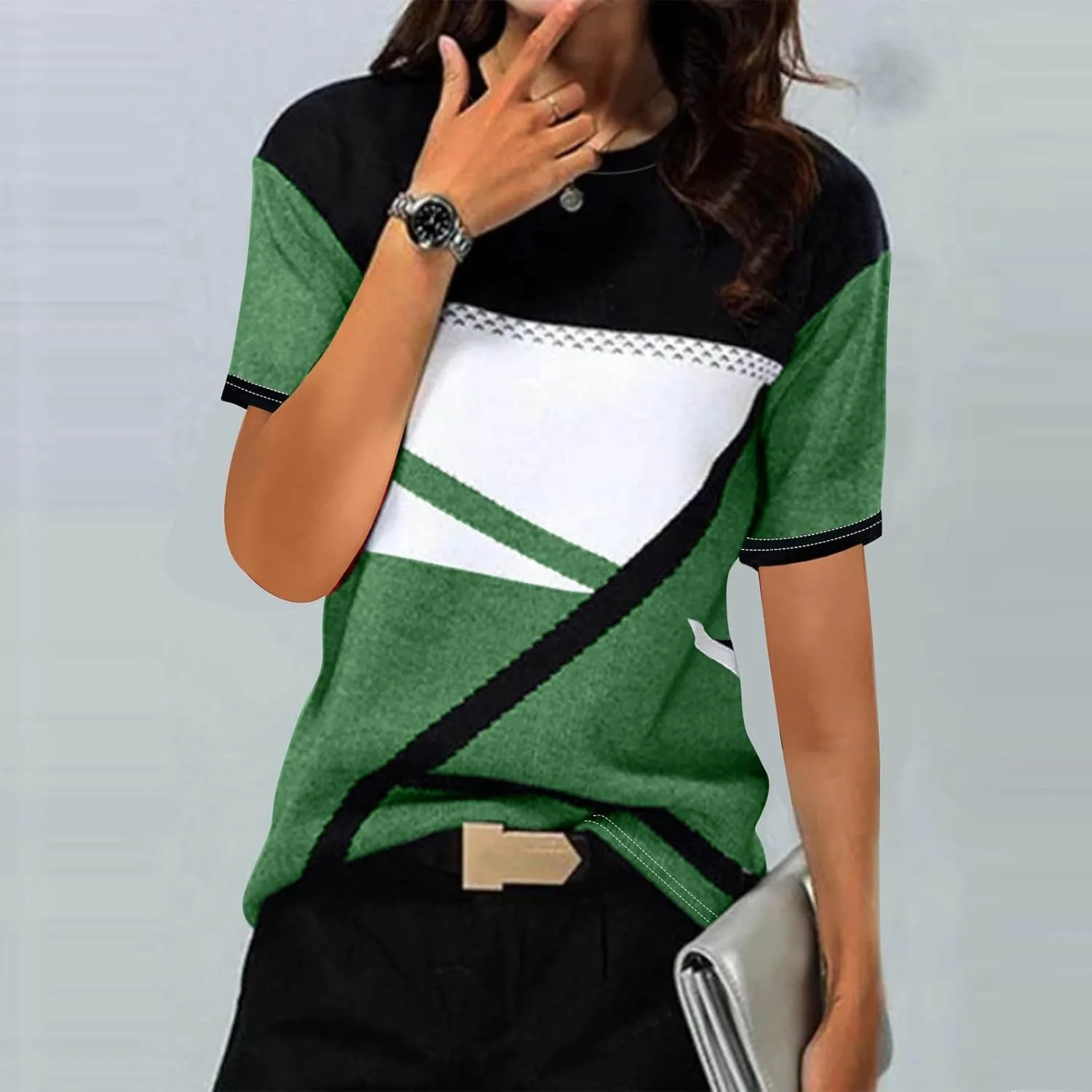 Summer New Geometric Pattern T Shirts for Women Casual Tops Crewneck Short Sleeve Tees Color Block Loose Blouses