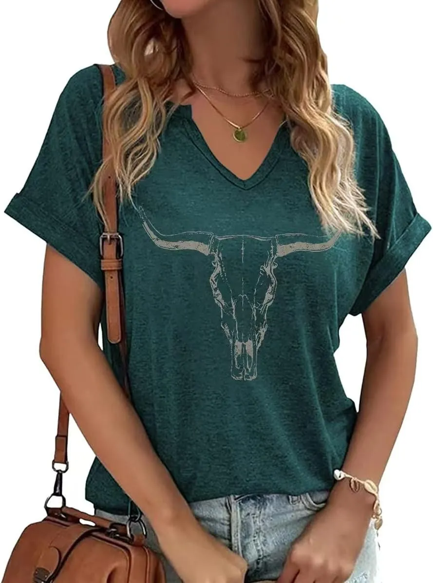 Summer Sexy V-Neck Vintage Western Rodeo Cowboy Steer Skull Shirt for Women Casual Boho Cowgirl Boots Graphic Tees