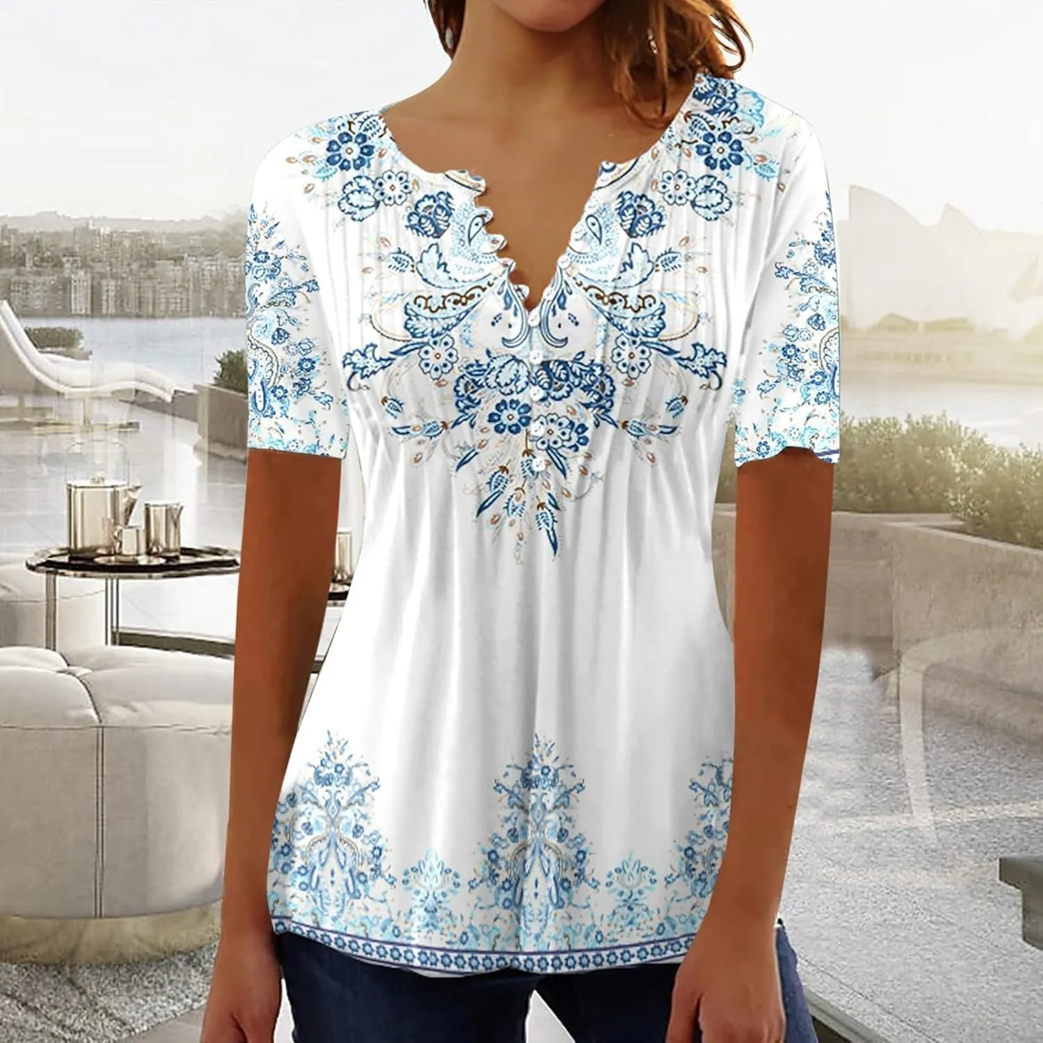 Summer Tops for Women 2025 Trendy Boho Floral Print Tunic Shirts Short Sleeve Button v Neck Tshirt Casual Loose Blouse