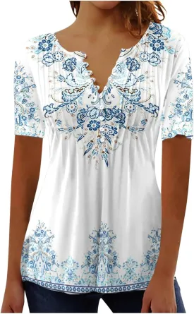 Summer Tops for Women 2025 Trendy Boho Floral Print Tunic Shirts Short Sleeve Button v Neck Tshirt Casual Loose Blouse