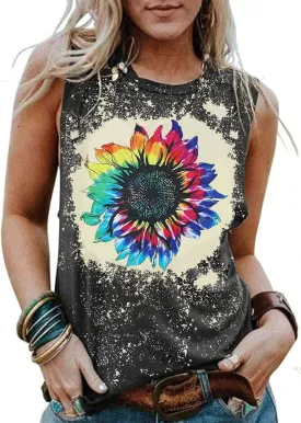 Sunflower Tank Tops Women Sunflower Graphic Tees Shirts Summer Leopard Print Sleeveless Tees Top