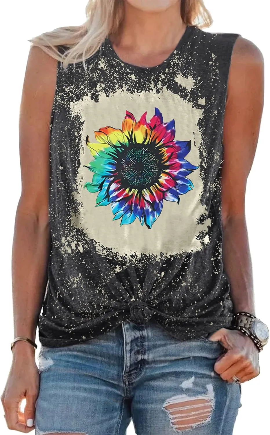 Sunflower Tank Tops Women Sunflower Graphic Tees Shirts Summer Leopard Print Sleeveless Tees Top