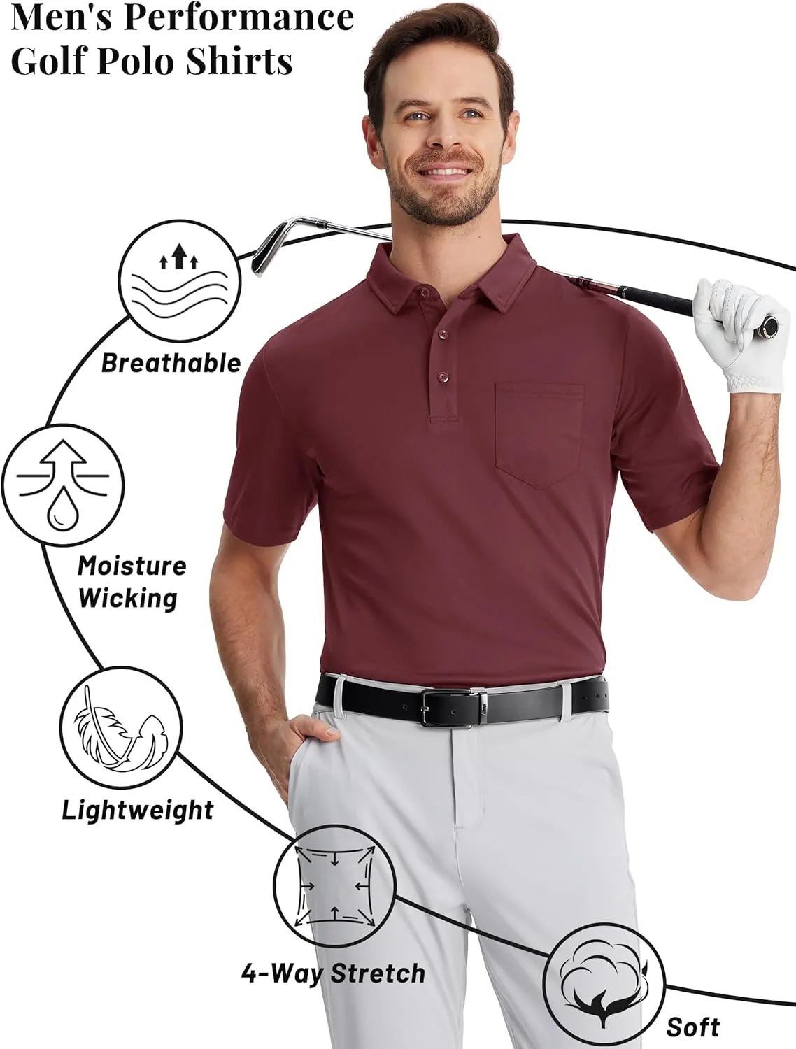 TACVASEN Mens Polo Shirt Short Sleeve Golf Shirt with Pocket Quick Dry Collared Lightweight Polo for Men Casual Work