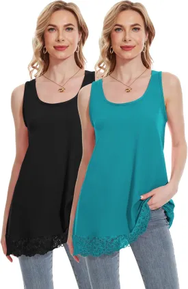 TAIPOVE Lace Camisole Tops for Women for Under Clothes Cotton Long Tank Shirt Extender Layering Sleeveless Tunic 2PKS